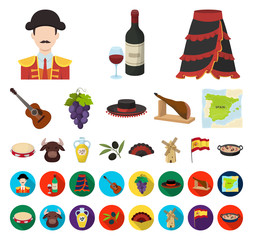 Spain country cartoon,flat icons in set collection for design.Travel and attractions vector symbol stock web illustration.