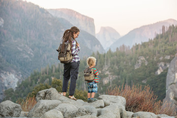 Mother with son visit Yosemite national park in California