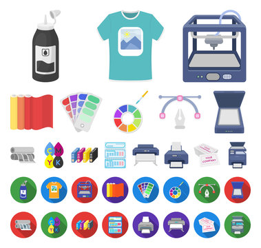 Typographical products cartoon,flat icons in set collection for design. Printing and equipment vector symbol stock web illustration.