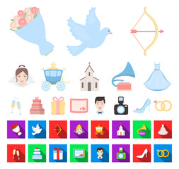 Wedding and Attributes cartoon,flat icons in set collection for design.Newlyweds and Accessories vector symbol stock web illustration.