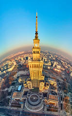 WARSAW, POLAND - DECEMBER 01, 2018: Beautiful panoramic aerial drone view to the center of Warsaw City and Palace of Culture and Science - a notable high-rise building in Warsaw, Poland - obrazy, fototapety, plakaty