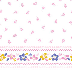 Colorful Tropical Exotic Foliage, Hibiscus Horizontal Floral Vector Seamless Border and Pattern. Stitch Stripes