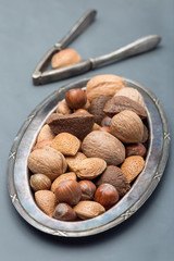 Different kinds of nuts in the shell: hazelnut, walnut, almond and brazil nuts on plate with nut cracker on background, vertical