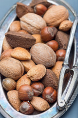 Different kinds of nuts in the shell: hazelnut, walnut, almond and brazil nuts on plate with nut cracker on background, vertical, closeup