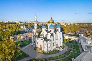 Fototapeta na wymiar Aerial view of Transfiguration Cathedral in Ugresha Monastery, Dzerzhinsky, Moscow oblast, Russia