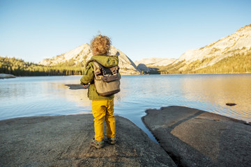 Hiker toddler boy visit Yosemite national park in California