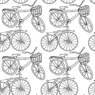 Old bike drawn by hand seamless pattern. Vector background for textiles