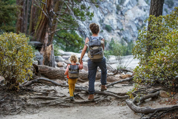 Mother with  son visit Yosemite national park in California