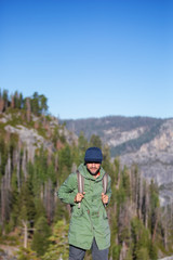 Fototapeta na wymiar Happy hiker visit Yosemite national park in California