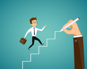 Obraz premium Man is runs up the stairs. Career and business development. Hand draws a ladder.