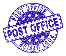 POST OFFICE stamp seal imprint with grunge texture. Designed with rounded rectangles and circles. Blue vector rubber print of POST OFFICE caption with grunge texture.