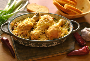 Baked chicken legs with cheese and vegetables in an oval dish are on a wooden table. Onions, garlic and chili peppers too
