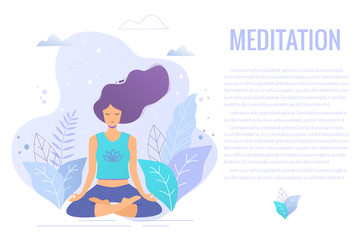 Woman sitting in lotus position practicing meditation. Yoga girl vector trendy illustration.