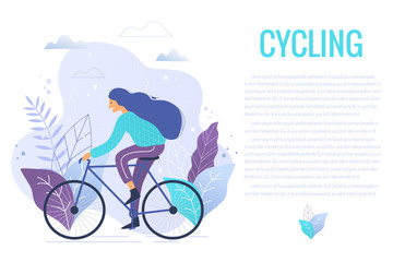 Woman riding a bicycle in park trendy vector illustration.