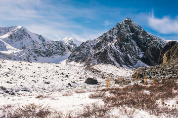 Top of mountain under snow and blue sky. Climbing the rocks, alipinism. Winter panorama of Altai mountain gorge.