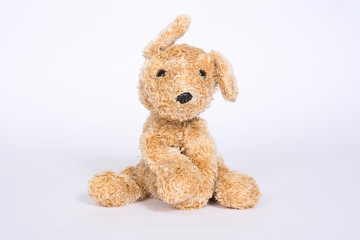 Soft toy dog with raised ears isolated on white background