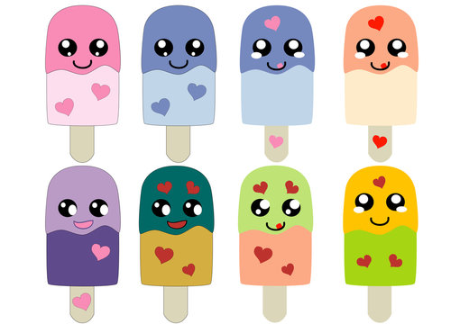 Kawaii Eis am Stiel Charakter Sammlung. Vector Eps 10