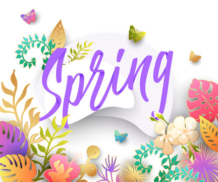 Spring background with paper cut flowers and leaves. Springtime