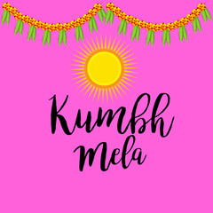 illustration of a Background for Kumbh Mela Festival at Pryagraj in India with Hindi Text.