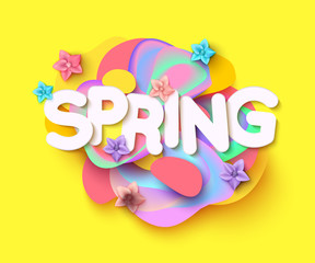 Spring background with paper cut flowers and leaves
