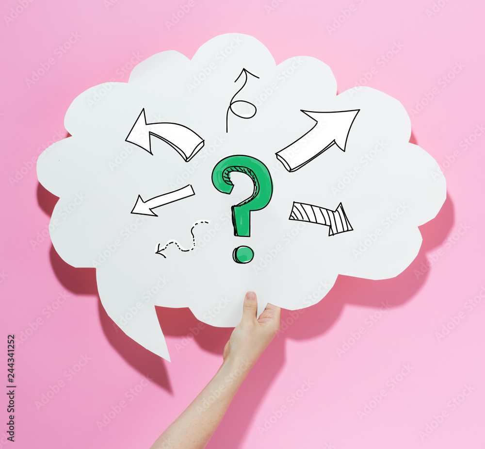 Poster question mark with arrows with a speech bubble on a pink background