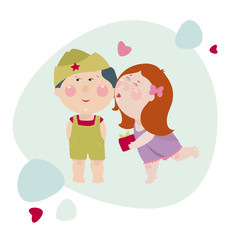 Girl kisses a boy and gives a present to him. Girl congrats a boy in the military uniform. Cute children illustration in cartoon style for 23 february.