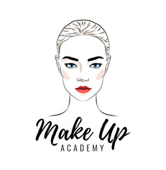Beautiful woman, make up academy or school logo, banner or poster design, vector illustration line sketch style