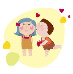 Boy kisses the girl and gives a present box to her. Cute little children illustration in cartoon style. Congratulations for 8 march - womens day.
