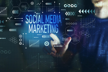 Social media marketing with young man on a dark background