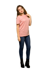A full-length shot of a Teenager girl with pink sweater with a lot of heat on isolated white background