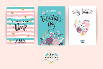 Set of Happy Valentines Day cards. Hand drawn lettering design.