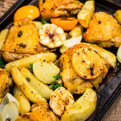 Roasted Chicken with Potatoes and Meyer Lemon. Selective focus.