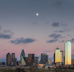 Dallas Skyline Sunset and the Moon, Dallas, Texas.