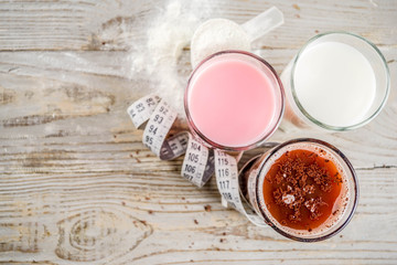 Chocolate, berry and vanilla protein shakes