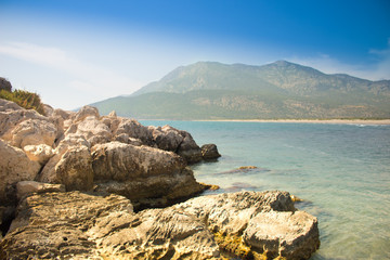 Fototapeta na wymiar Mediterranean landscape. View from rocky island in the sea