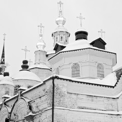 Bright domes of orthodox church in winter against the sky, Veliky Ustyug, Russia