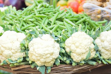 Macro details of Fresh Cauliflowers at street side vegetable market in India 