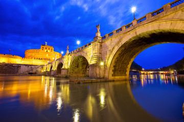 Castel Sant Angelo and bridge in Rome at dusk, Italy