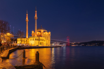 Fototapeta na wymiar Ortakoy Mosque with Bosphorus Bridge in Istanbul after the sunset.