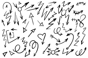Arrow doodles vector. A set of simple sketches of arrows. Up, down, left, right ones. The effect of a pencil sketch isolated on white background. Vector eps 10.