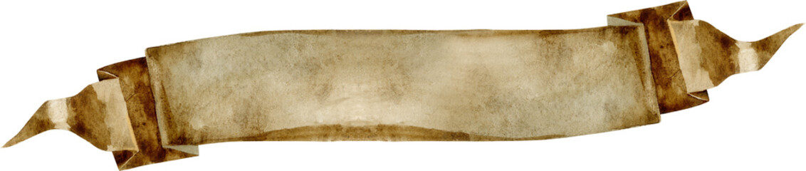 Watercolor vintage brown ribbon. Hand painted banners isolated on white background.