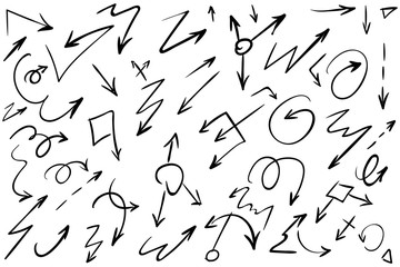 Arrow doodles vector. A set of simple sketches of arrows. Up, down, left, right ones. The effect of a pencil sketch isolated on white background. Vector eps 10.