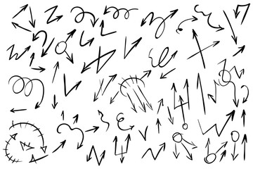 Arrow doodles vector. A set of simple sketches of arrows. Up, down, left, right ones. The effect of a pencil sketch isolated on white background. Vector eps 10.