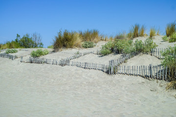 Beautiful sandy Espiguette beach near Port Camargue and Le Grau-du-Roi,  the most wild beach in Gard, France