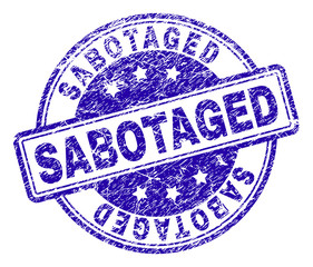 SABOTAGED stamp seal watermark with grunge effect. Designed with rounded rectangles and circles. Blue vector rubber print of SABOTAGED title with grunge texture.