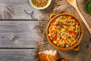 Fall Harvest Homemade Vegetable Soup. Selective focus.