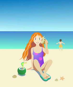 Beautiful girl on the sea beach listen shell 
