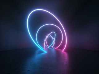 Neon Glowing Circle Round Shape Tubes On Reflection Concrete Floor