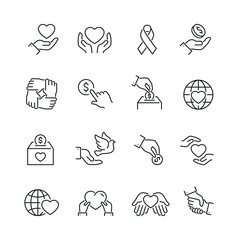 Support and donation related icons: thin vector icon set, black and white kit - obrazy, fototapety, plakaty