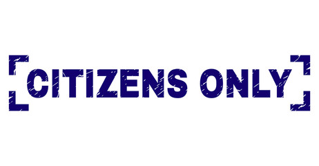 CITIZENS ONLY text seal print with corroded texture. Text caption is placed inside corners. Blue vector rubber print of CITIZENS ONLY with dirty texture.